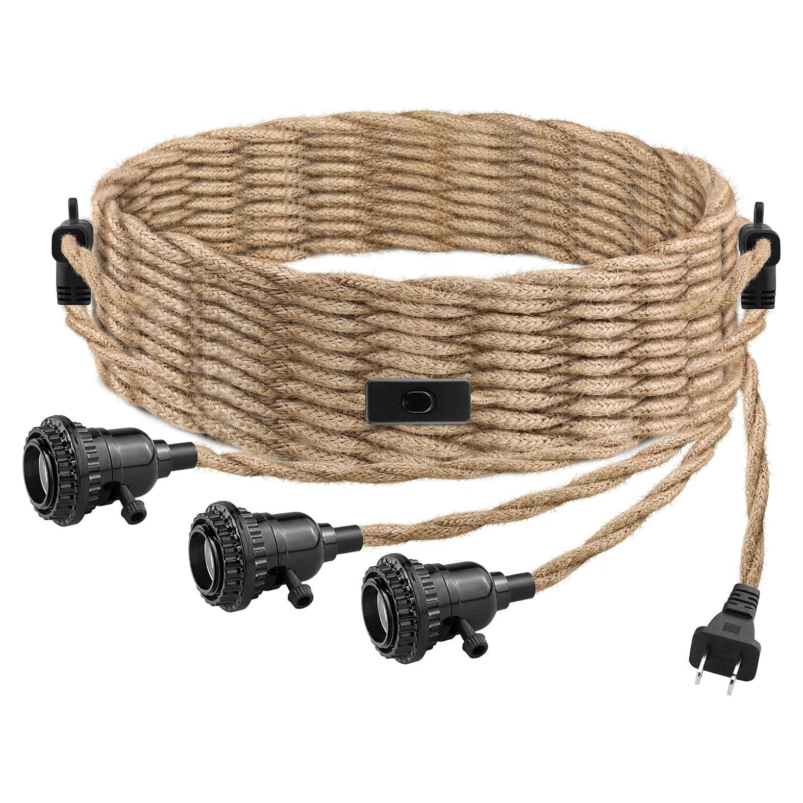 Lámpara Colgante Enchufable LYOOWNG 3 Luces 7.62M Yute