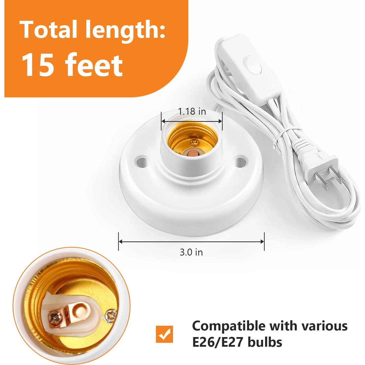 Base de lámpara E26/E27 con cable de 4.6m y interruptor