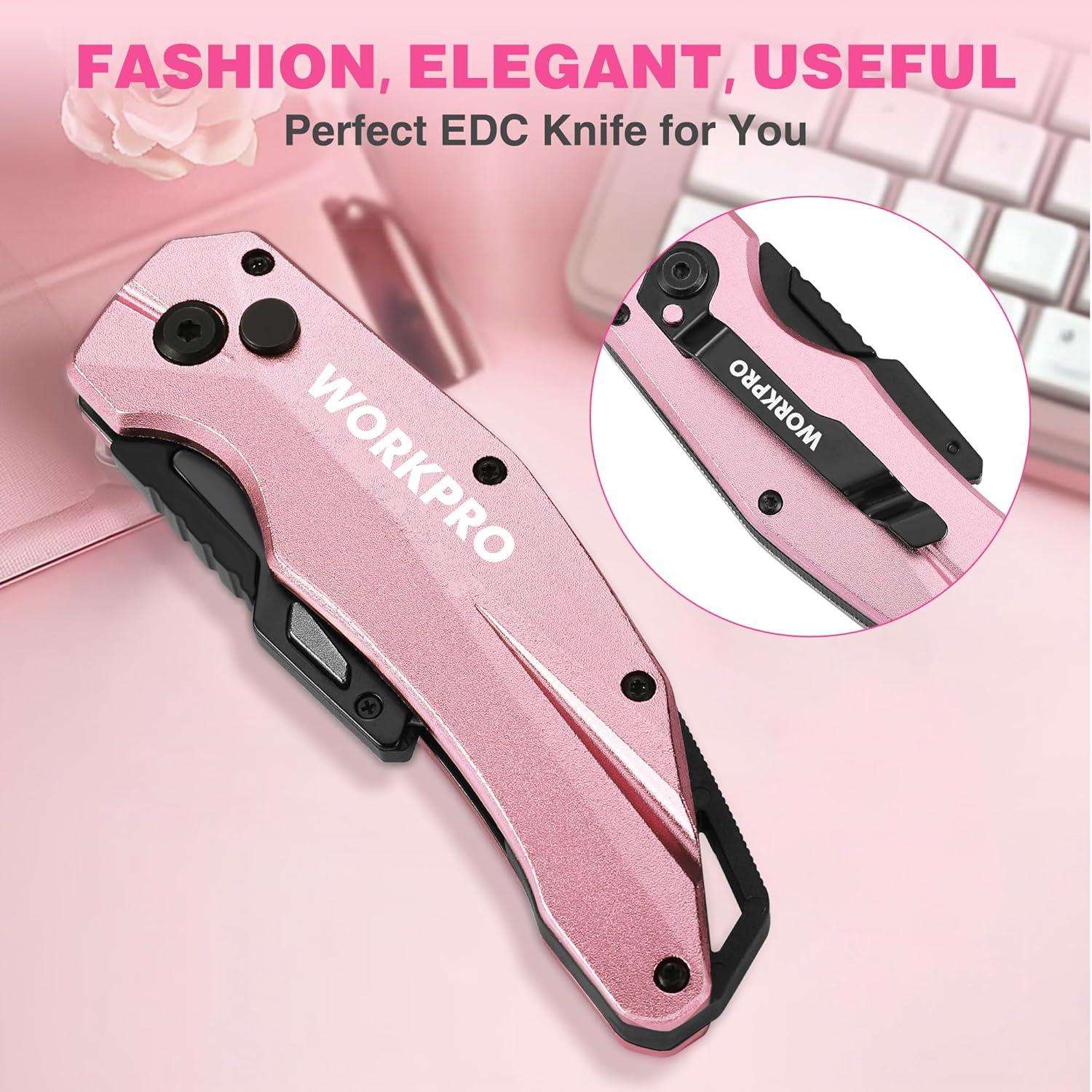 WORKPRO Folding Utility Knife, Quick Change SK5 Pink Box Cutter, Aluminum Handle Razor Knife for Boxes, Cartons, Cardboard, 10 Extra Blades Included - Pink Ribbon