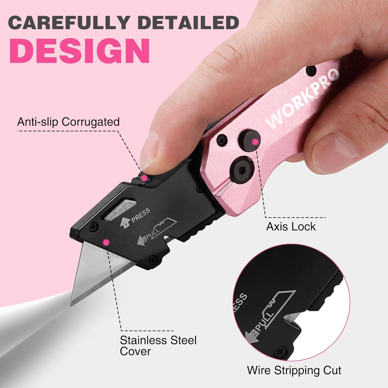 WORKPRO Folding Utility Knife, Quick Change SK5 Pink Box Cutter, Aluminum Handle Razor Knife for Boxes, Cartons, Cardboard, 10 Extra Blades Included - Pink Ribbon
