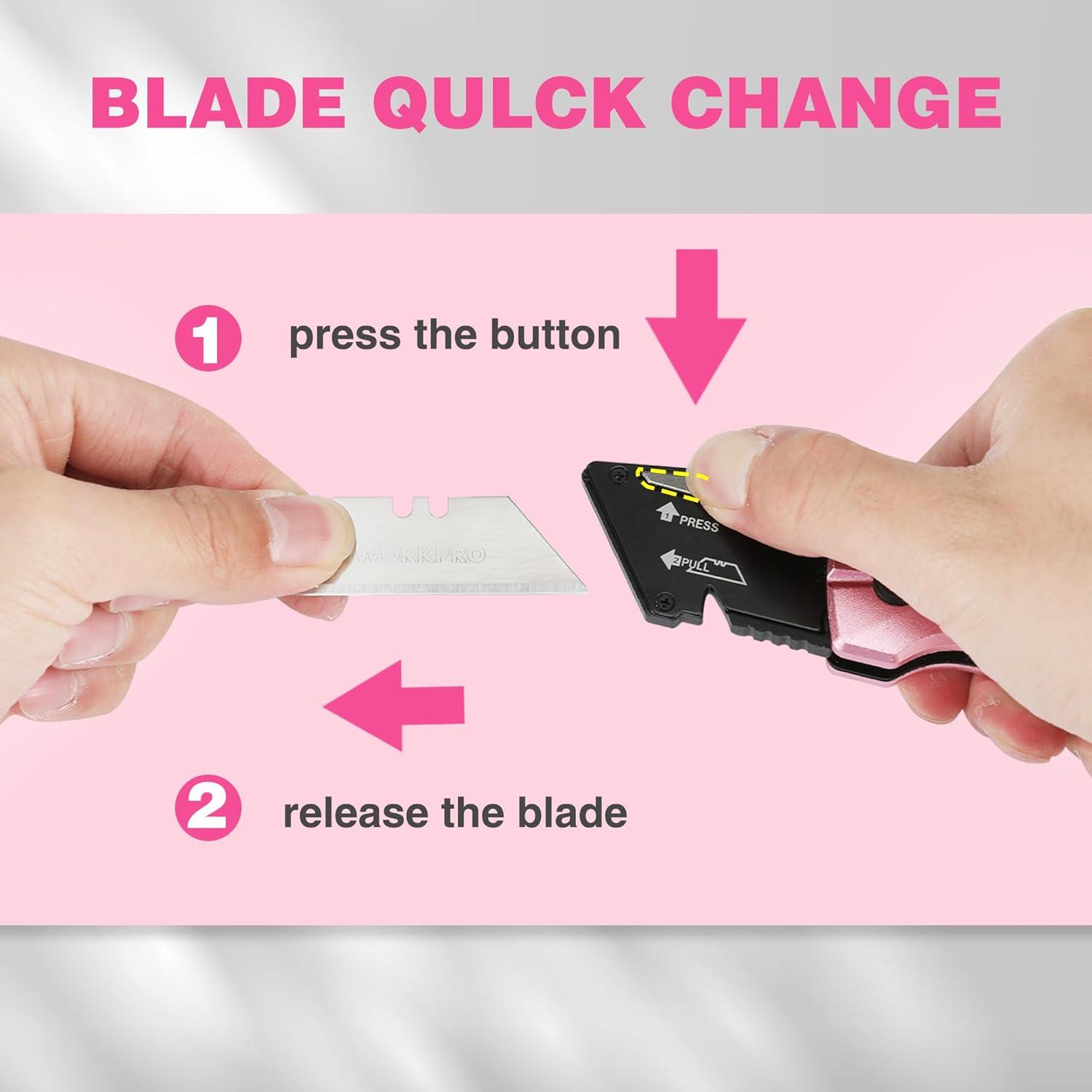 WORKPRO Folding Utility Knife, Quick Change SK5 Pink Box Cutter, Aluminum Handle Razor Knife for Boxes, Cartons, Cardboard, 10 Extra Blades Included - Pink Ribbon