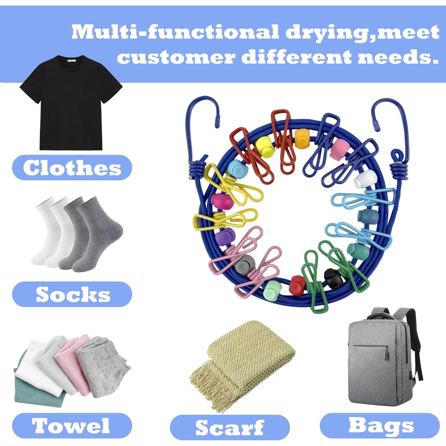 Cuerda de Ropa Portátil JHHSYU 3.05m con 12 Clips Azul