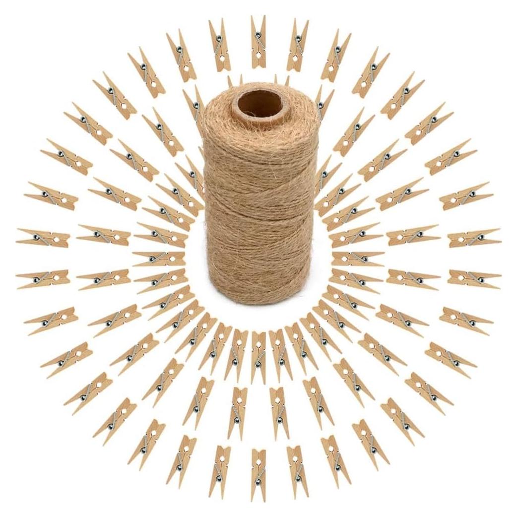 Pinzas de Madera Natural jijAcraft con Cuerda de Yute 100 Pcs