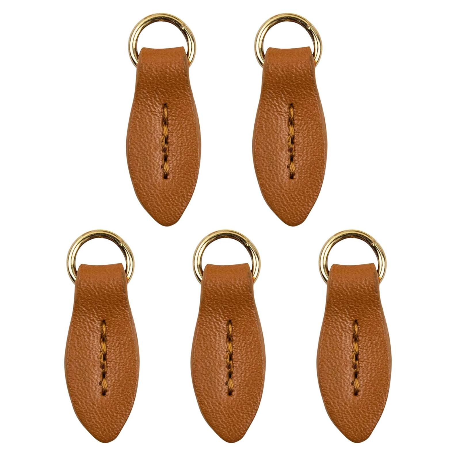 AUEAR, 5 Pack Leather Zip Puller Replacement Leaf Shape for Luggage Handbags Bags Trouser Bag Brown