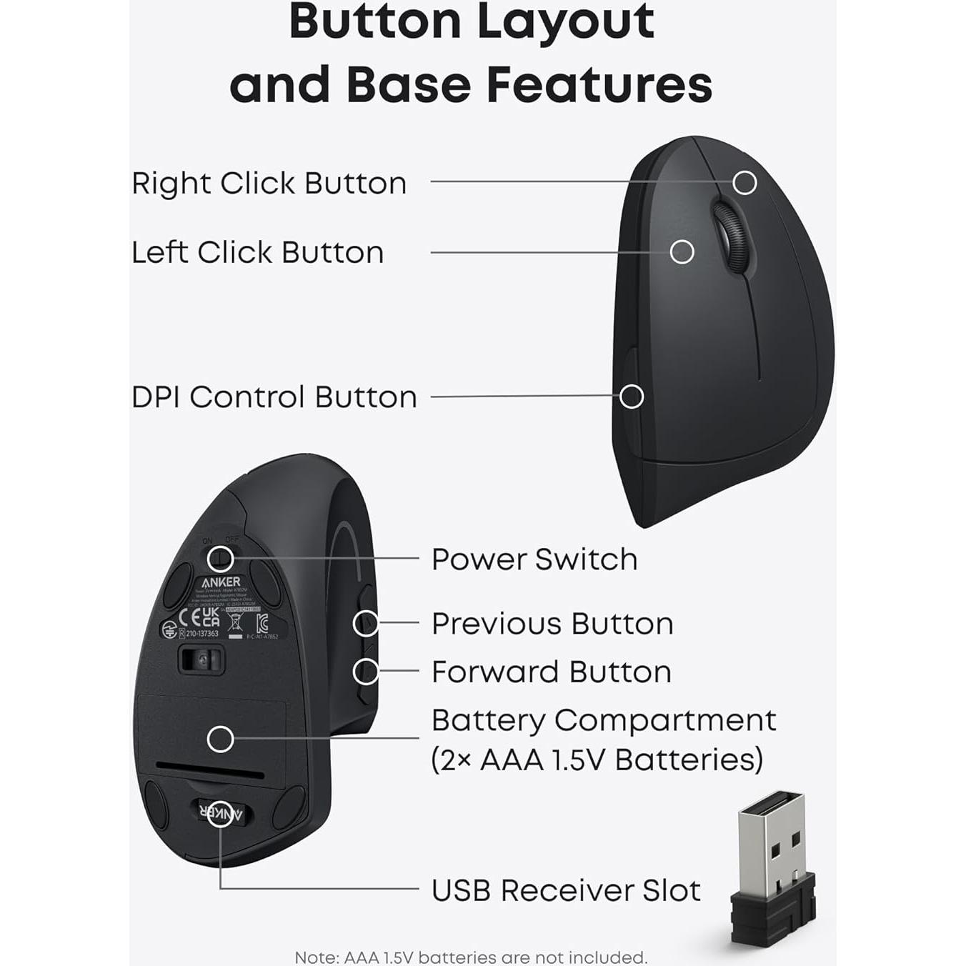 Ratón Óptico Vertical Ergonómico Inalámbrico Anker 2.4G 800-1600 DPI