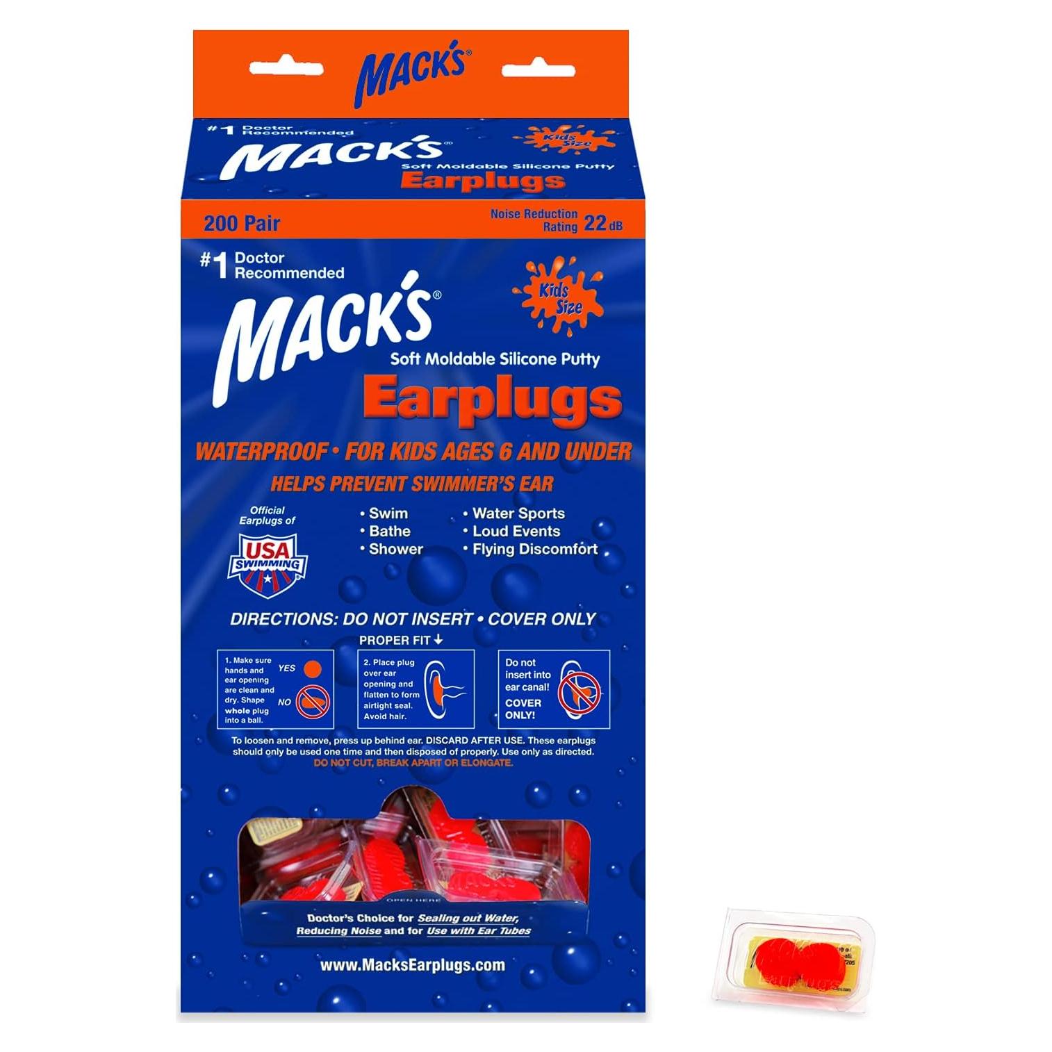 Tapones para Oídos de Silicona Moldable Mack's Niños 200 Pares