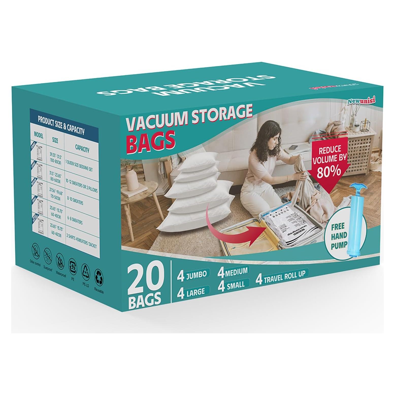 20 Bolsas de Almacenamiento al Vacío Newunisi - Jumbo, Grande, Mediano, Pequeño