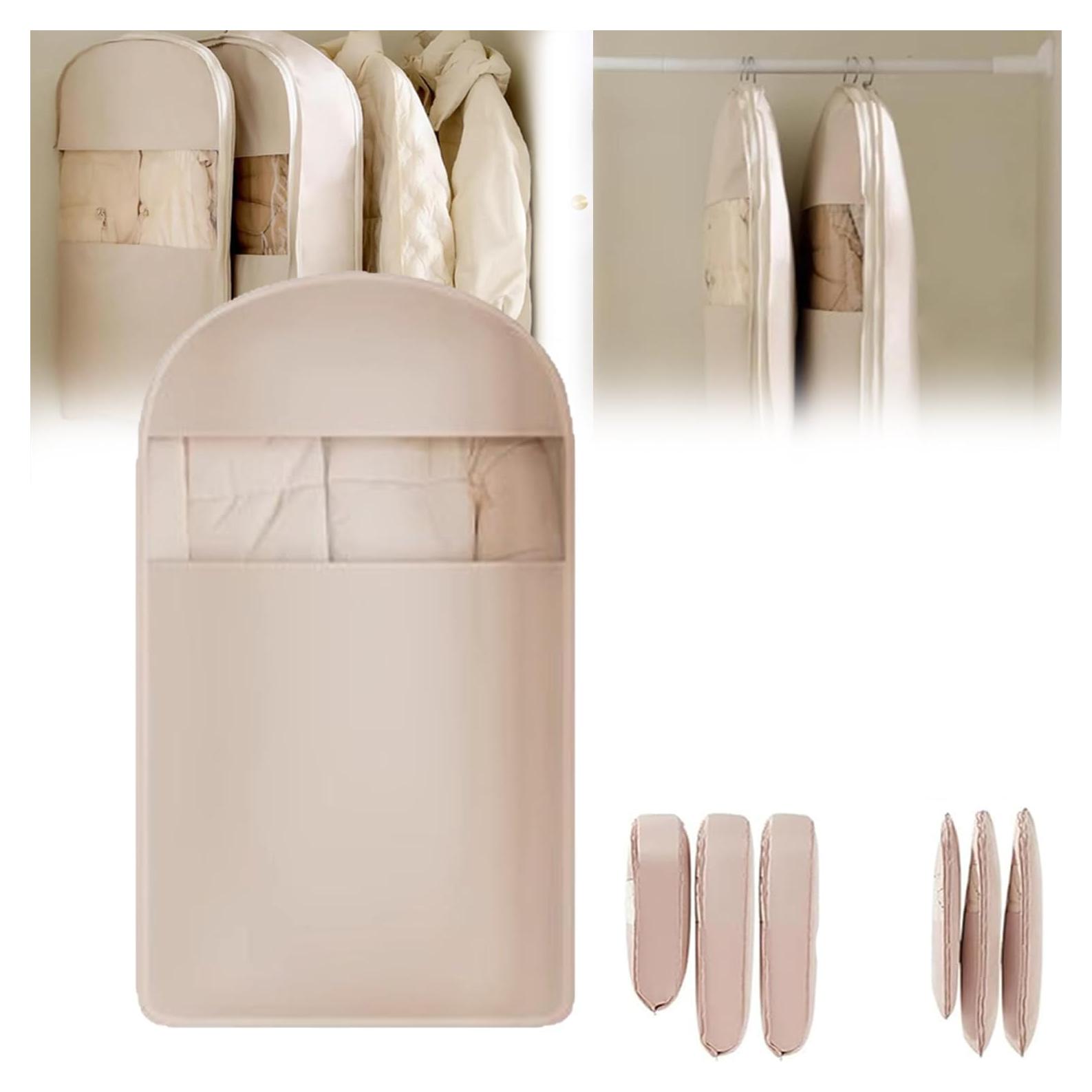 Bolsa de Ropa Colgante Beige L con Cierre de Compresión Automática