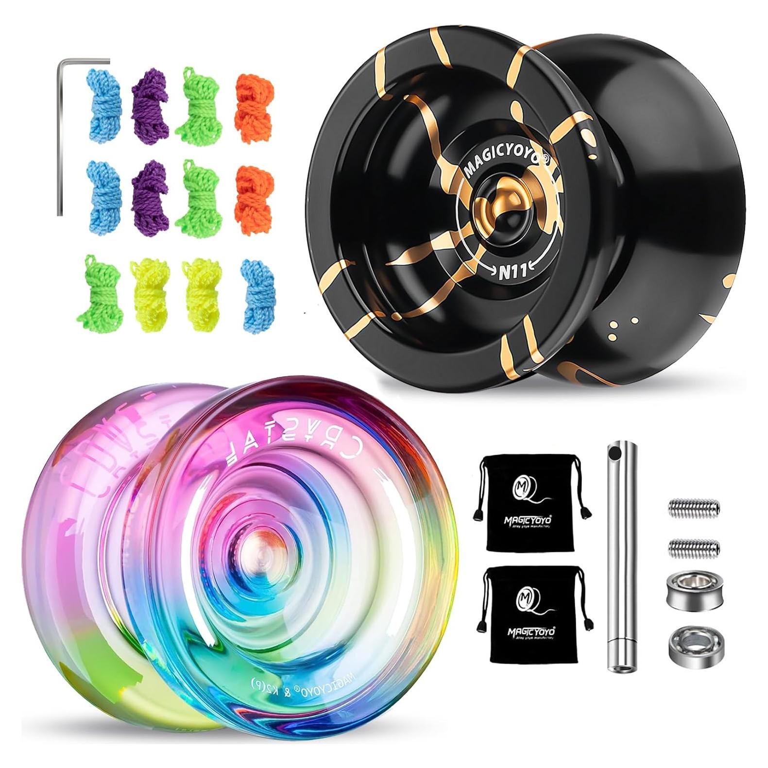MAGICYOYO Dual Purpose Yoyos - N11 Black Golden Alloy Professional Unresponsive Yo Yo and K2 Blue Pink Yellow Plastic Responsive Yo-yo with Bearings Kit and 2 Bags, 12 Strings