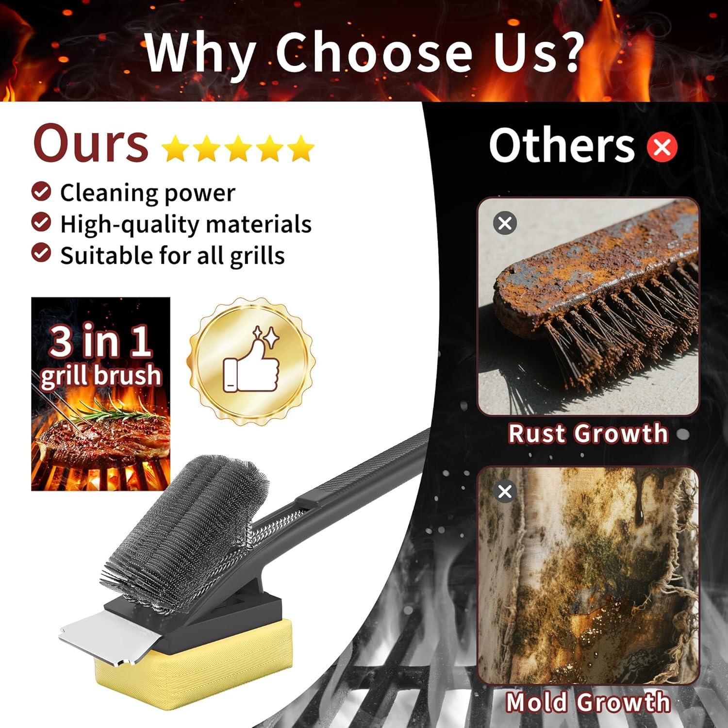 Cepillo de Parrilla PePeng 3 en 1 con Raspador - Negro