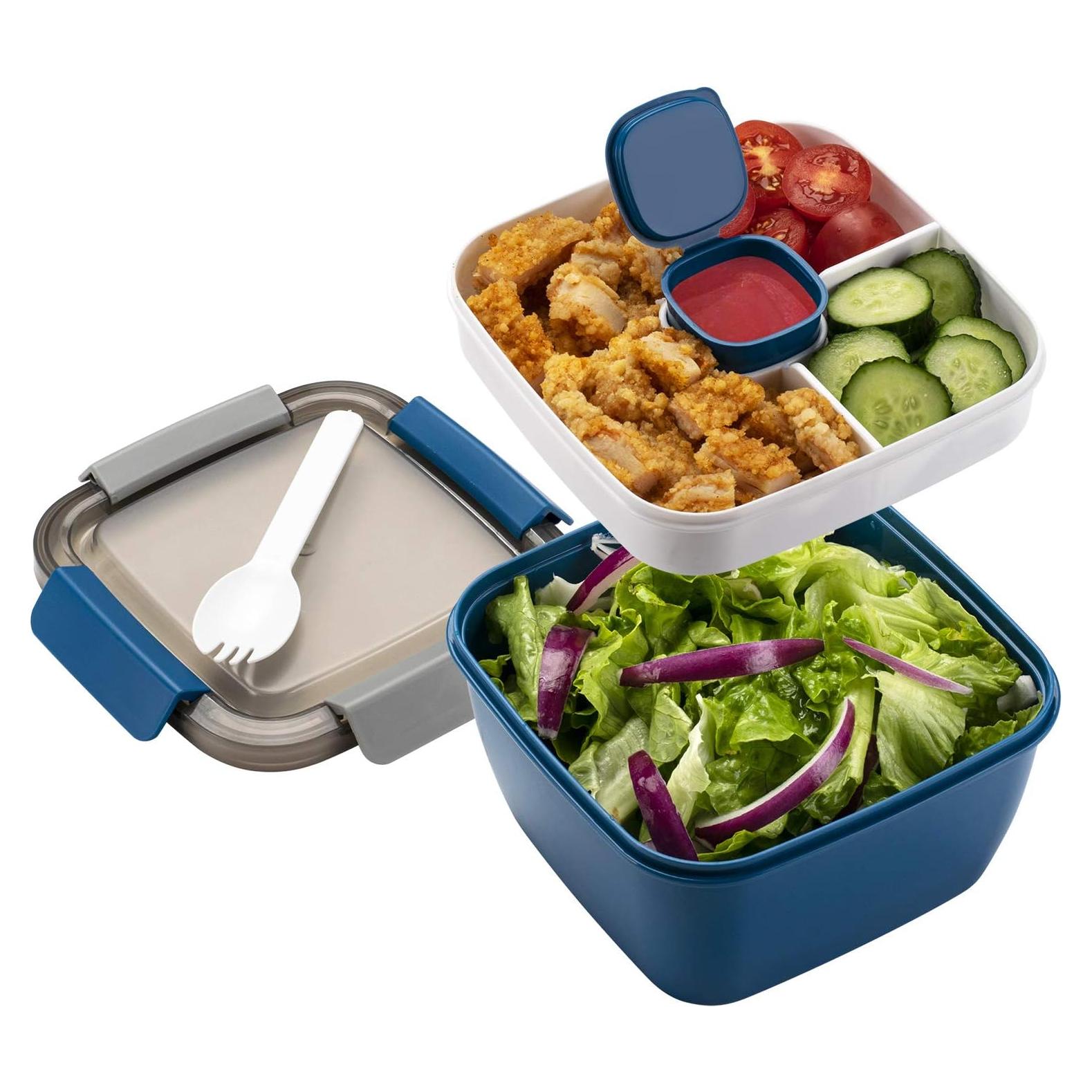 Contenedor de Ensalada Freshmage 1.5 L con 3 Compartimentos Azul