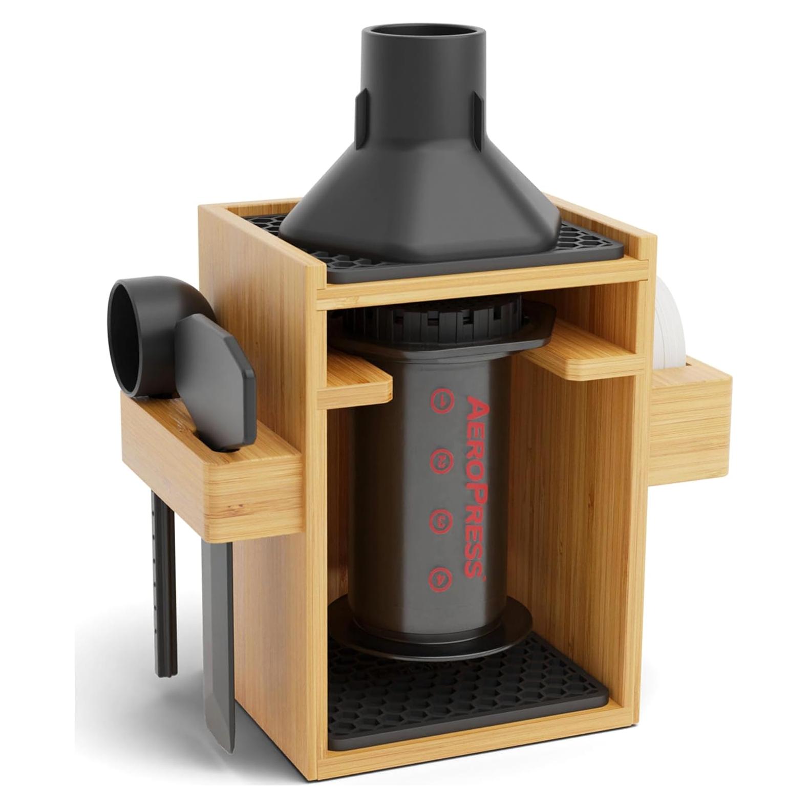 Soporte Organizador AeroPress HEXNUB - Caddy de Bambú 21.8x19.8cm