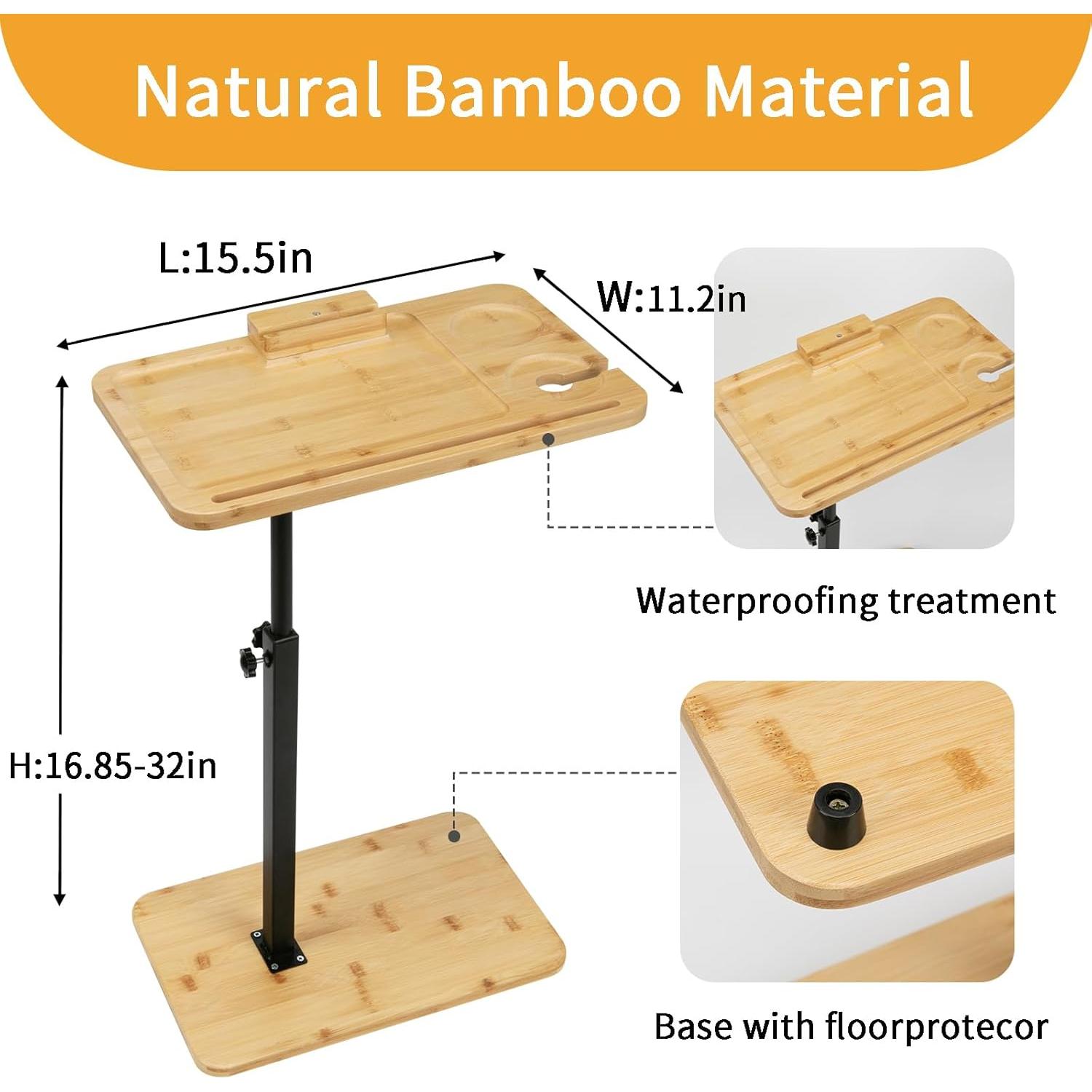 Mesa lateral ajustable LVETOLS de bambú, forma C, 360°
