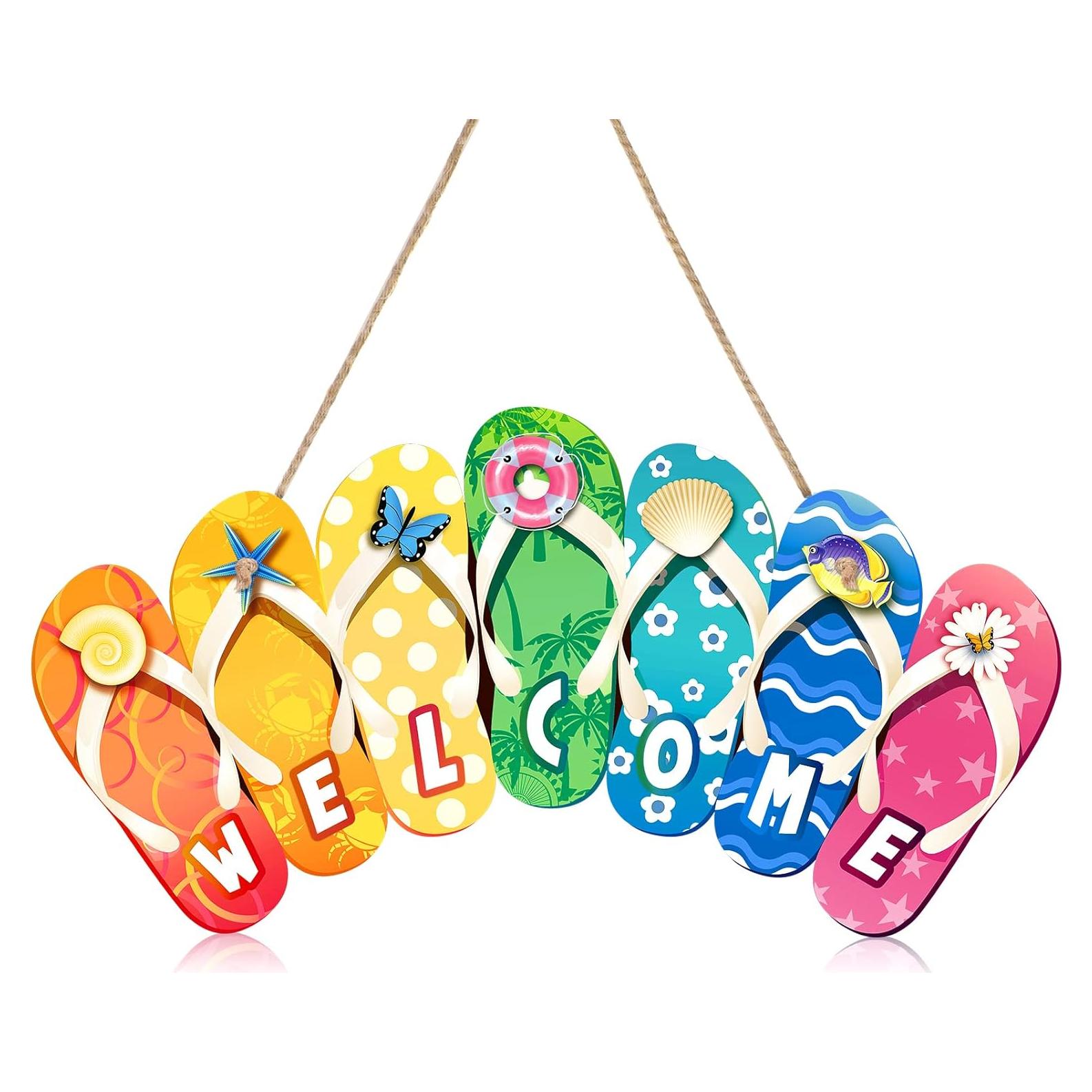 Letrero Colgante de Madera Chanclas Verano Bienvenida 33x26cm