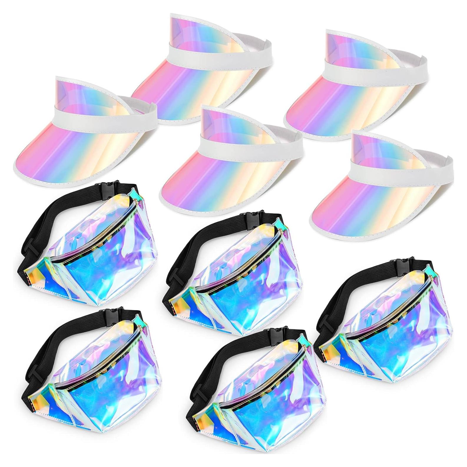 Paquete de 10 Sombreros Visera de Sol y Riñoneras Holográficas