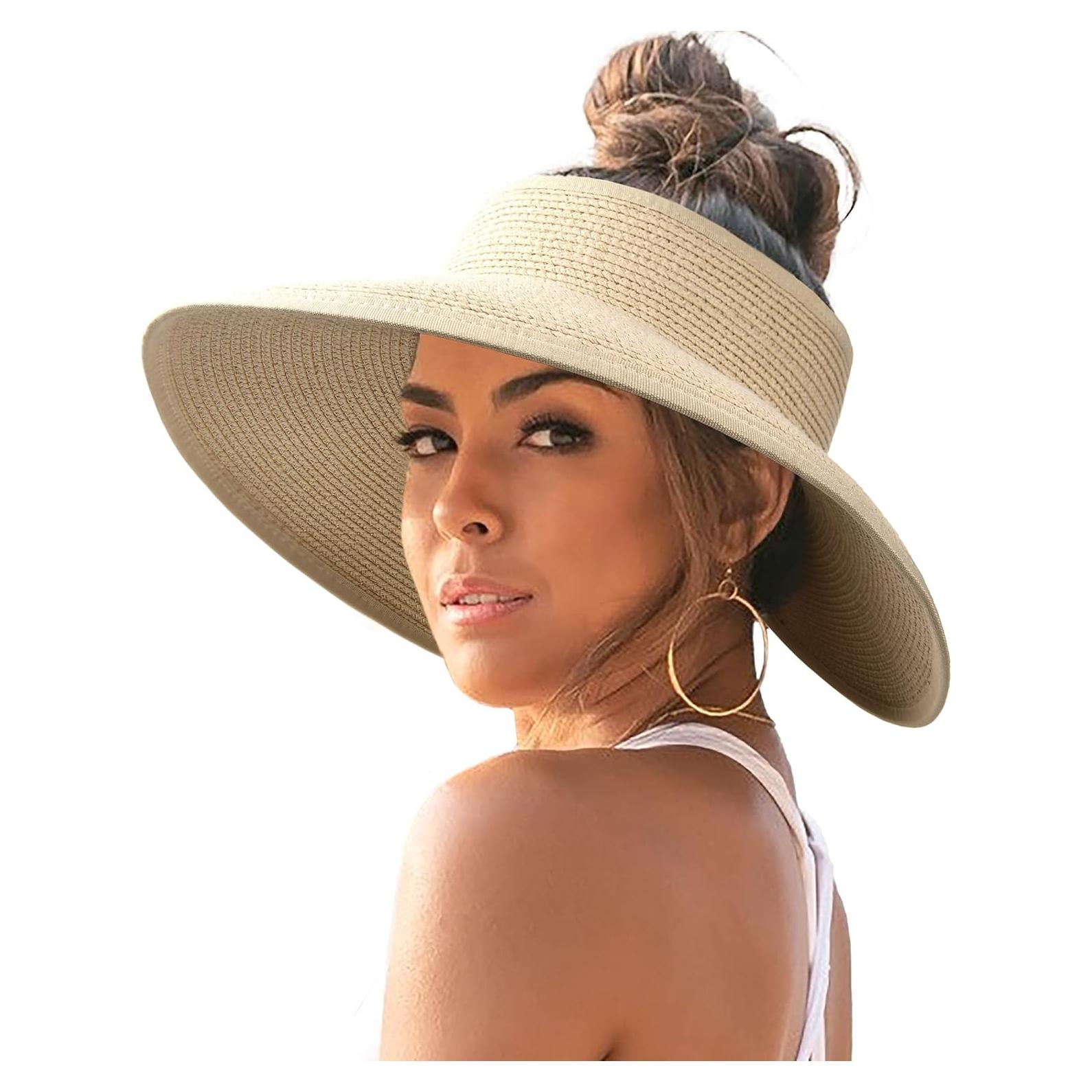 Sombrero de Playa FURTALK Paja Ancha UV Plegable Beige