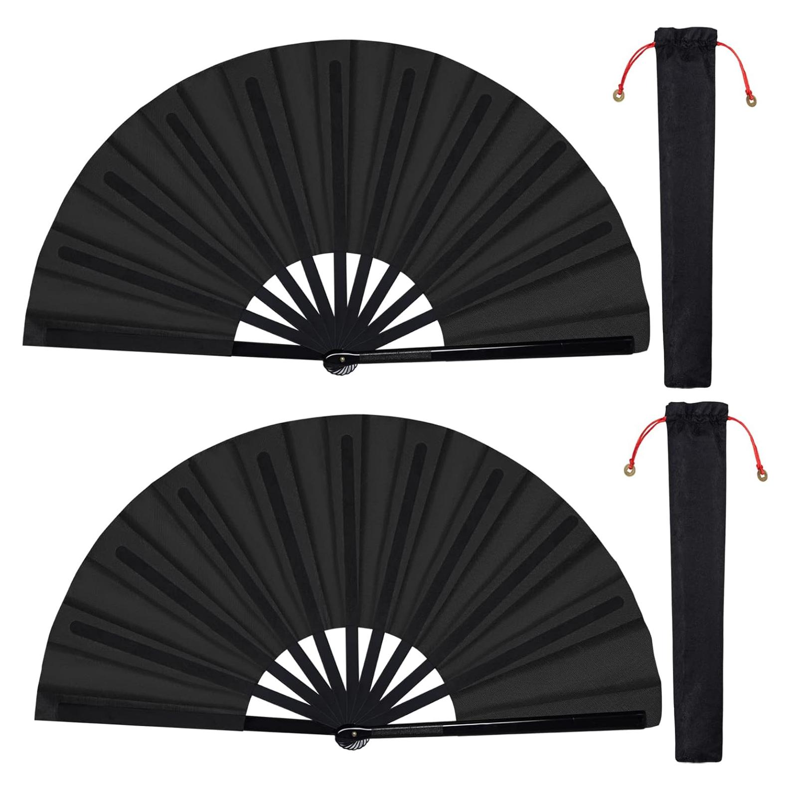 2 Abanicos Plegables de Mano Wobe Negro 64.5x34cm Kung Fu
