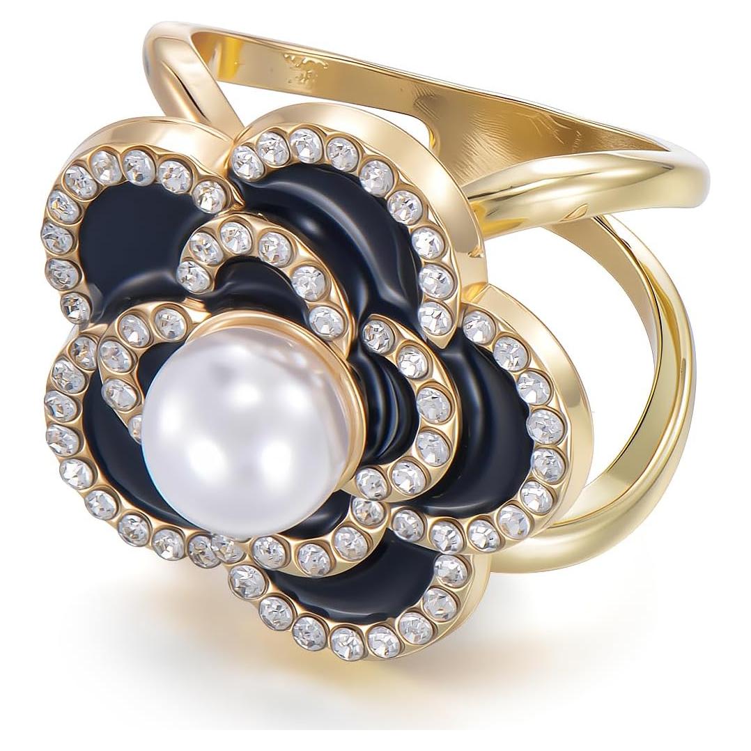 Anillo para Bufanda Camelia Baño de Oro con Perlas y Strass
