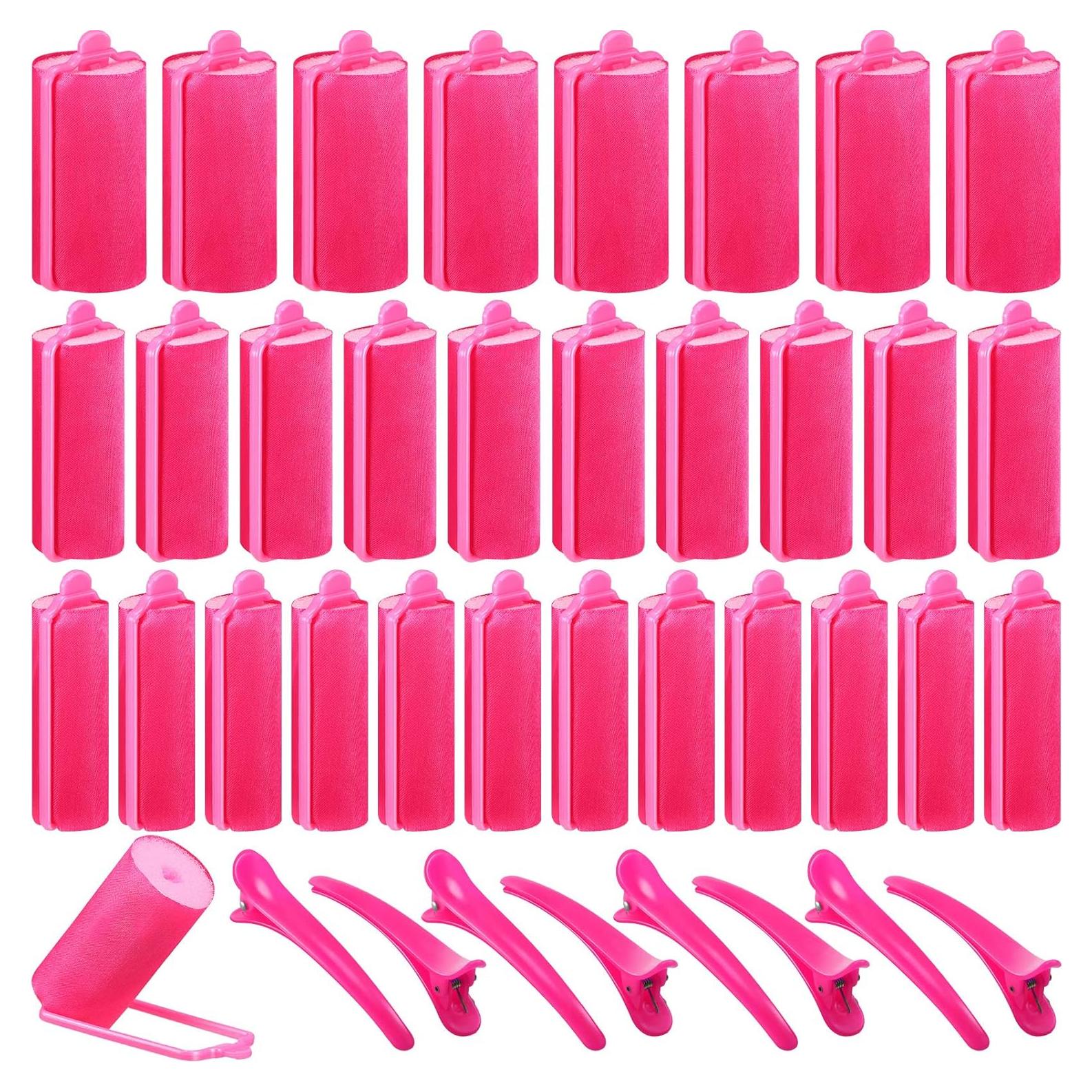 Juego de 40 Rulos de Espuma de Satén Rojo Rosa con Clips
