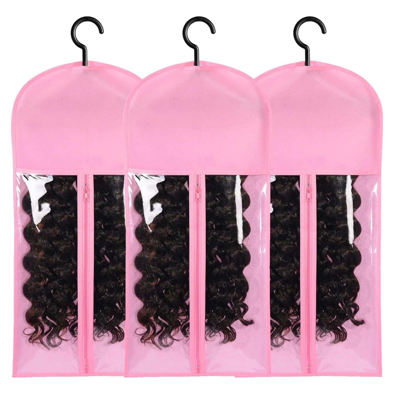 3PCS Bolsas de Almacenamiento para Pelucas AIHOPESTO Rosa