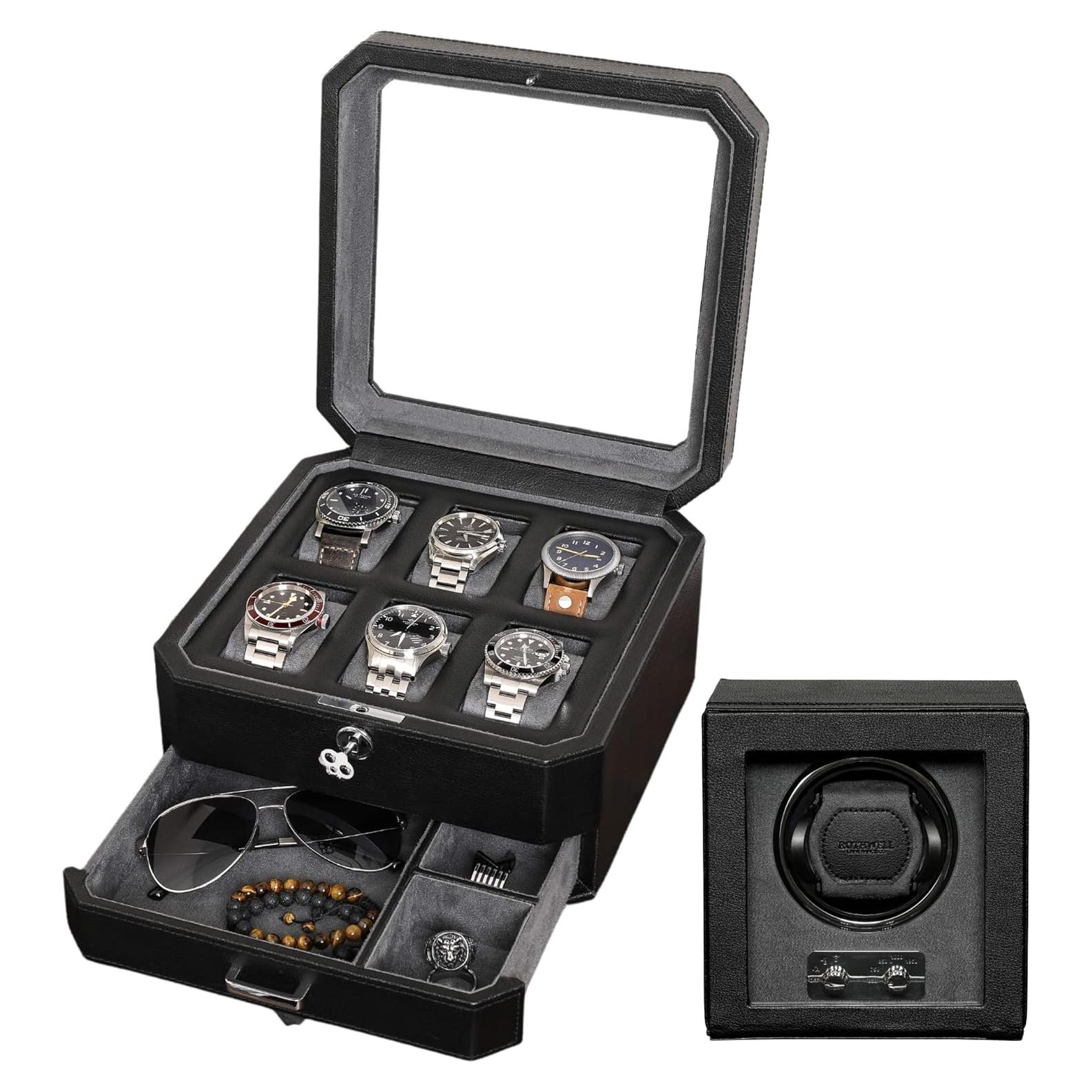 Caja de Reloj de Cuero ROTHWELL 6 Ranuras con Cajón y Cerradura