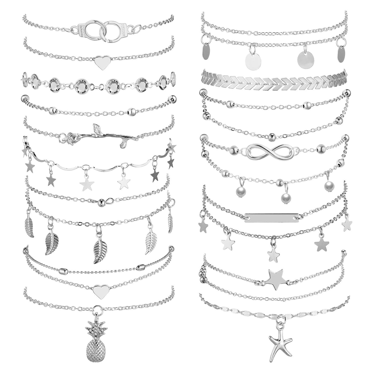 Conjunto 16 Pulseras de Tobillo Hicarer Plata Ajustables