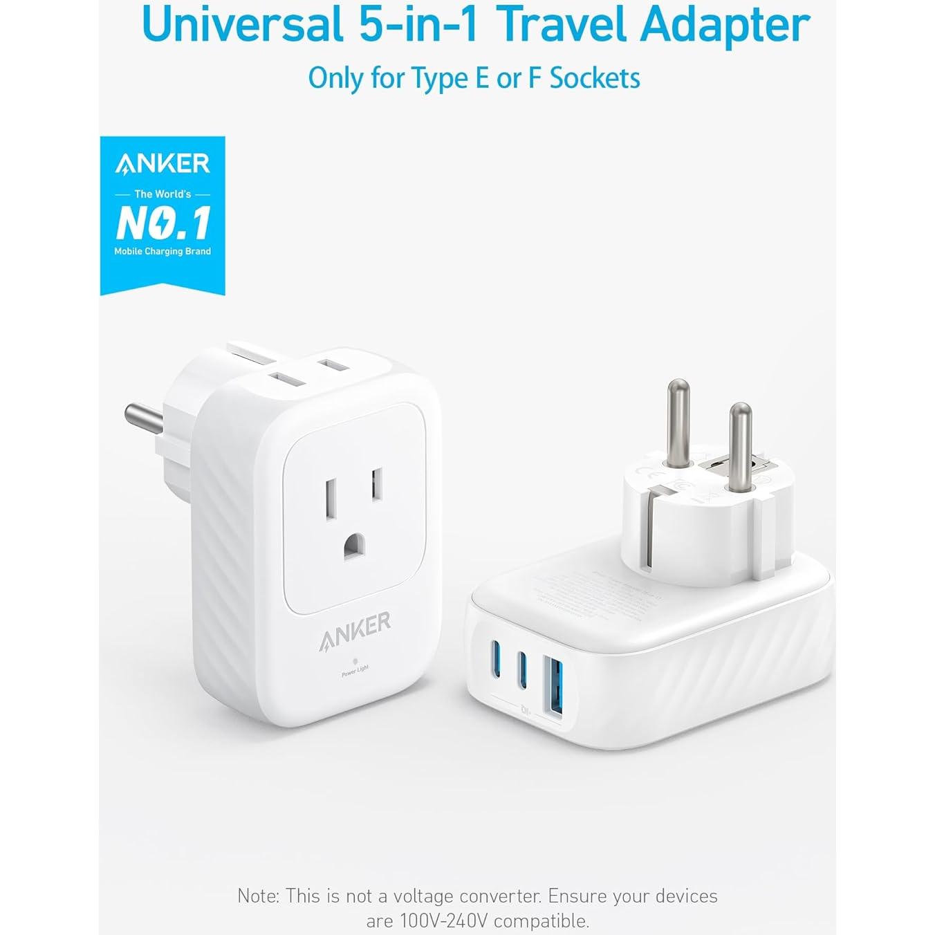 Adaptador de Enchufe de Viaje Anker A92A2, 5-en-1, 15W USB-C