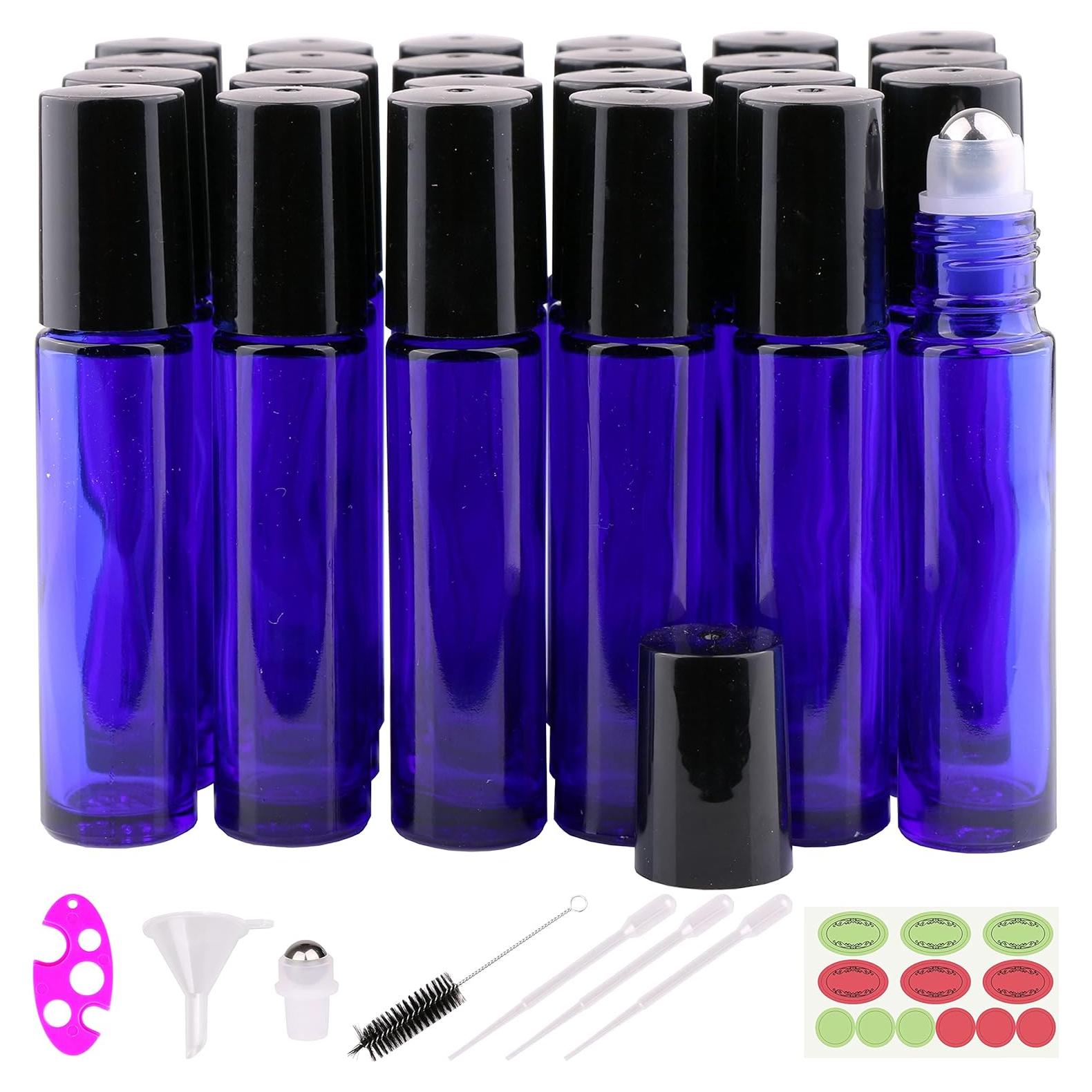 24 Botellas de Rodillo 10ml Vidrio Azul Cobalto inice