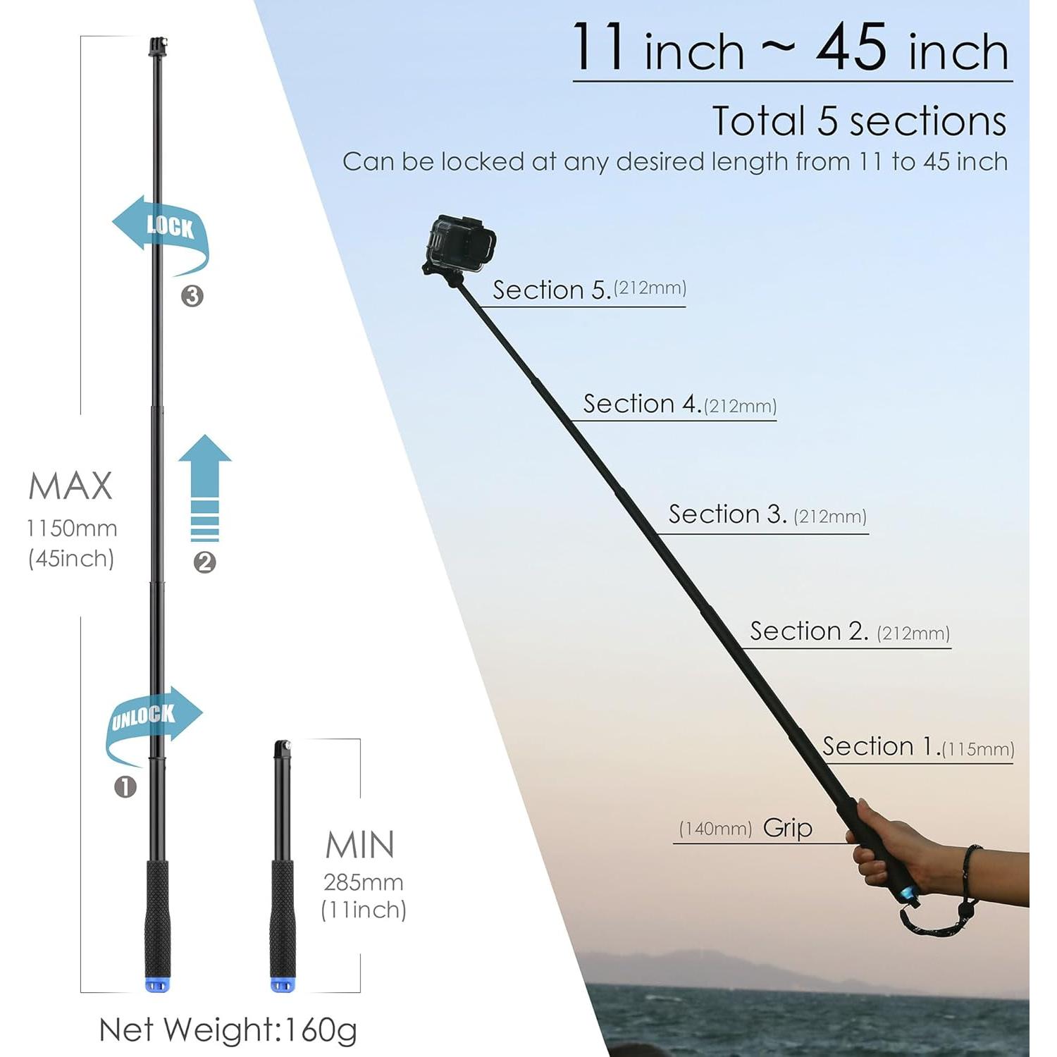 Palo de Selfie Extensible YALLSAME 11-45" Aluminio para GoPro