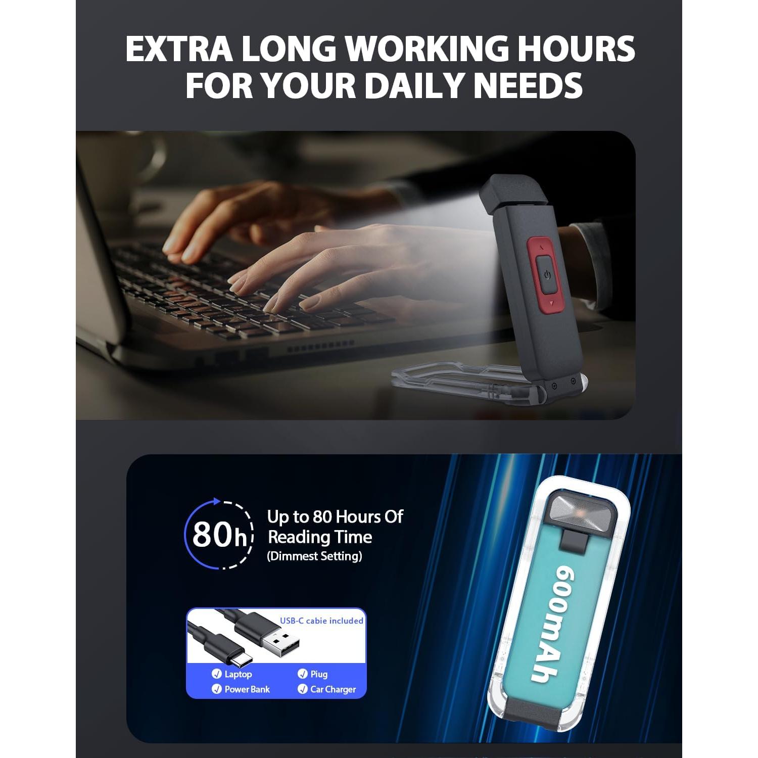 Luz de Libro Portátil SFV LED Recargable Clip-On Negra