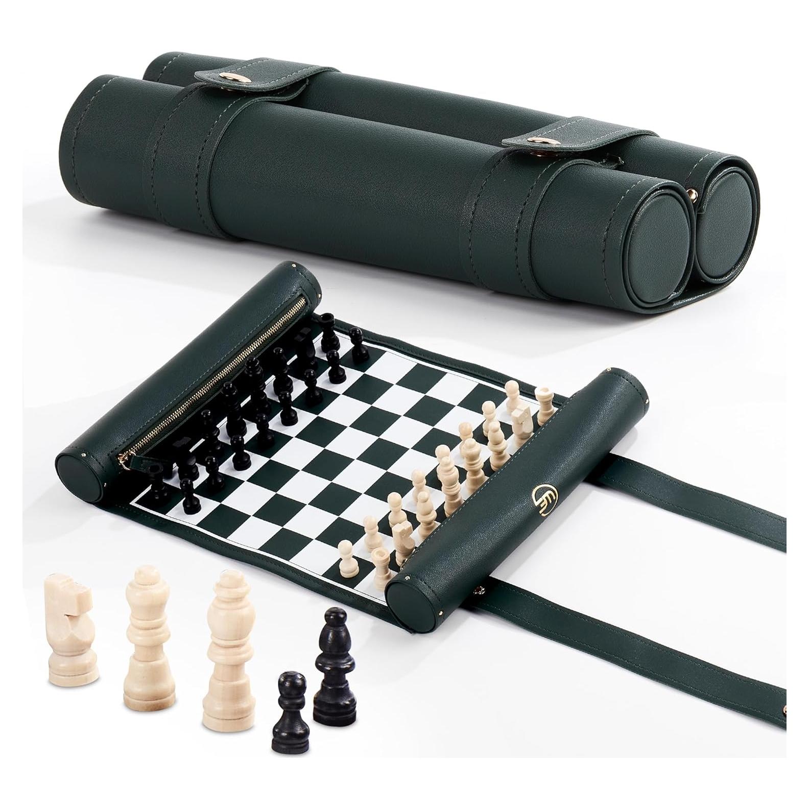 Juego de Ajedrez Plegable ThreeMoves de Cuero 56x28 cm Verde