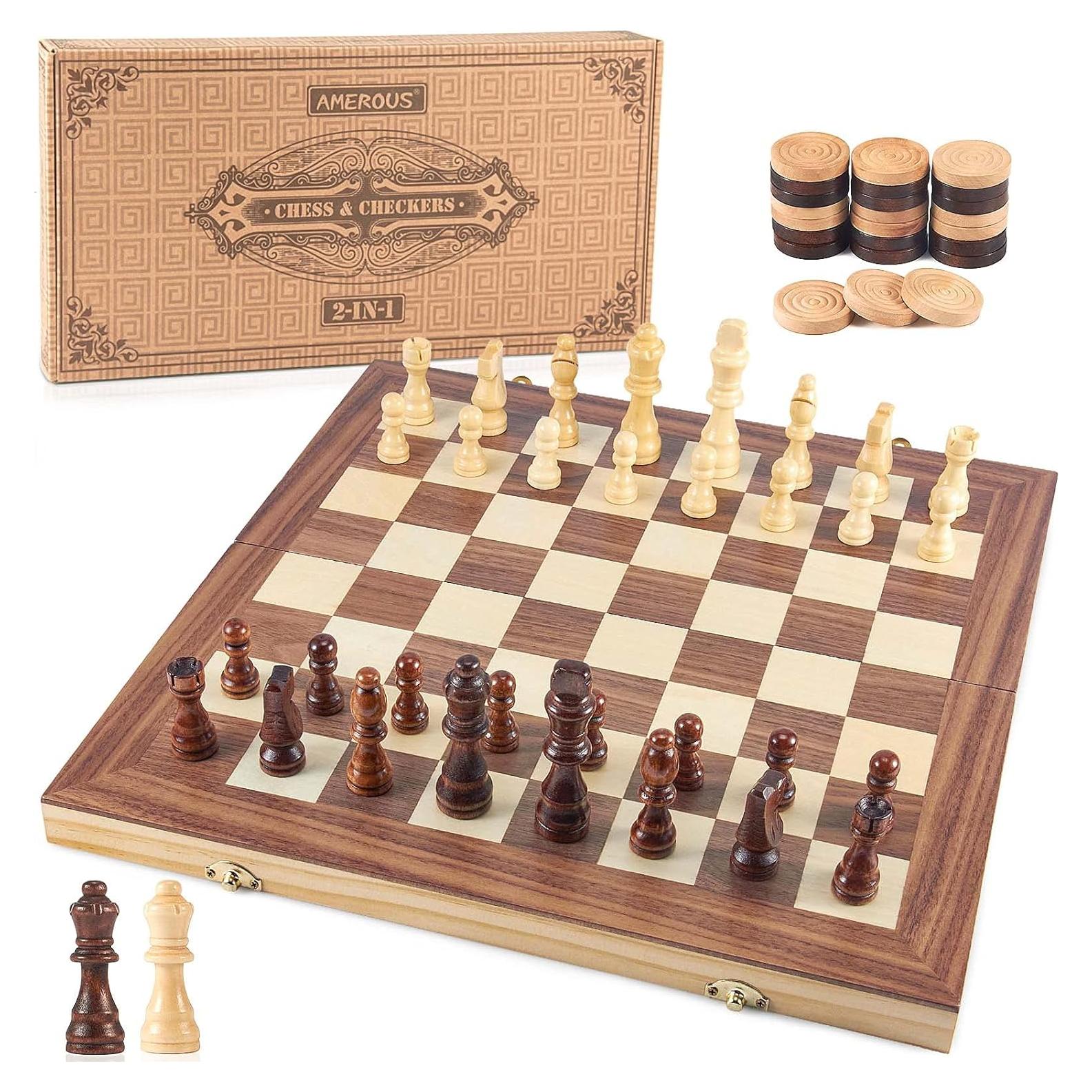 Juego de Ajedrez y Damas de Madera AMEROUS 39.6 cm 2 en 1
