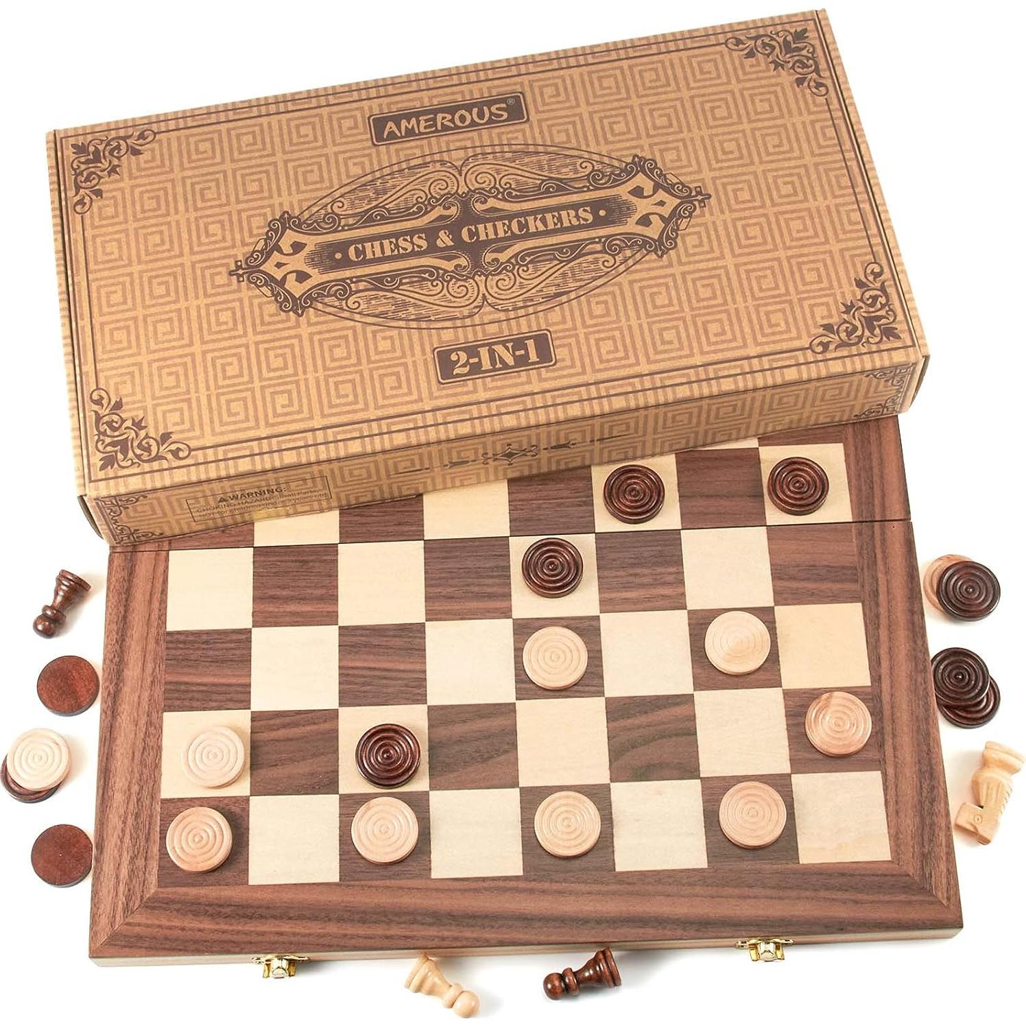 Juego de Ajedrez y Damas de Madera AMEROUS 39.6 cm 2 en 1
