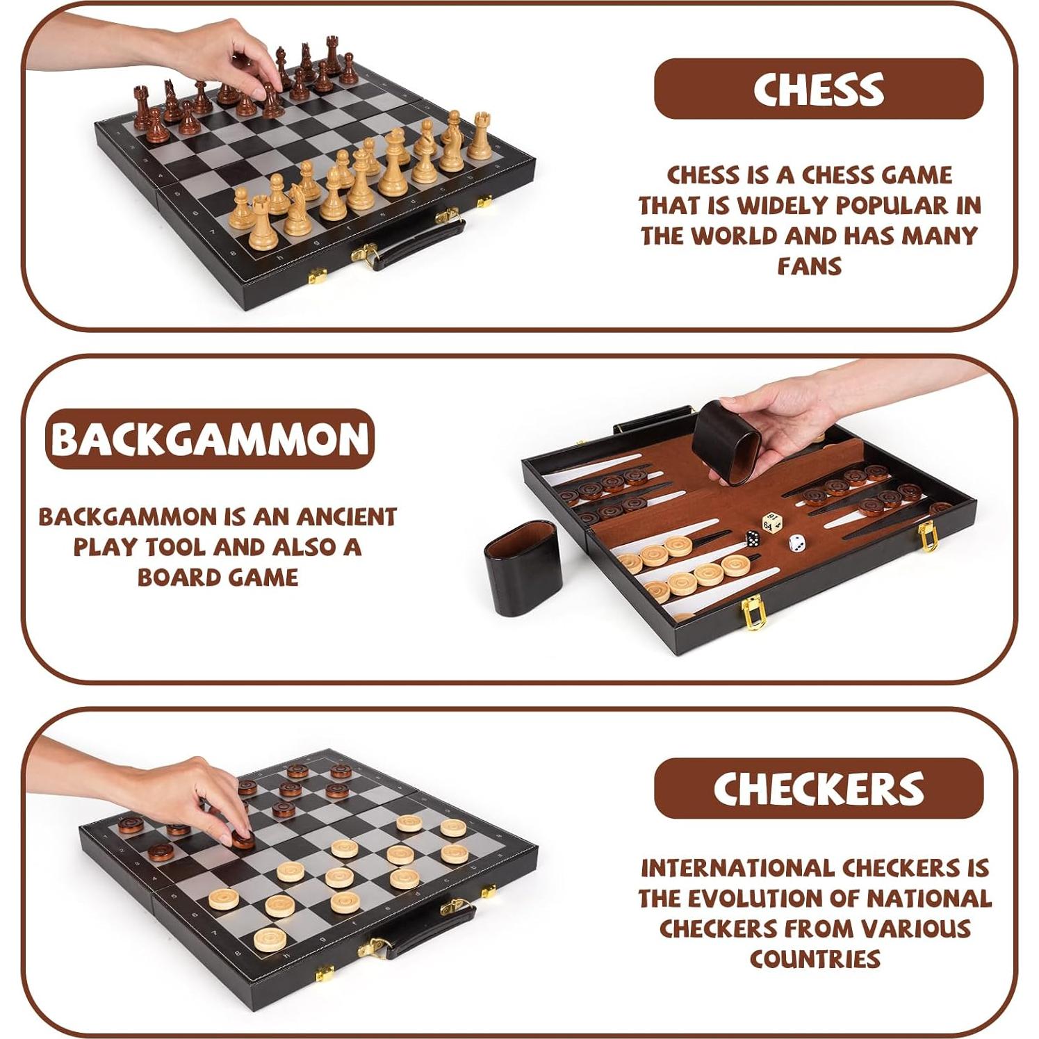 Juego de Mesa 3-en-1 Ajedrez Damas Backgammon Agirlgle