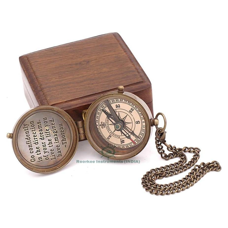 Brújula de Latón Antiguo Roorkee con Caja de Madera Rosa