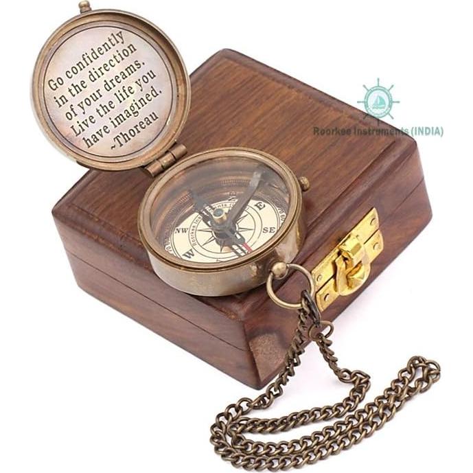 Brújula de Latón Antiguo Roorkee con Caja de Madera Rosa