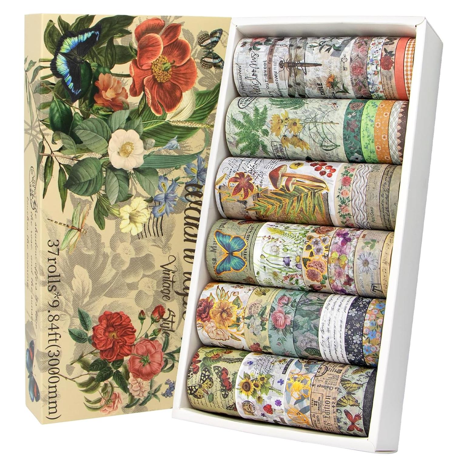 Conjunto de 37 Rollos de Cinta Washi Vintage MPOPUUL - Decorativa Floral y Botánica