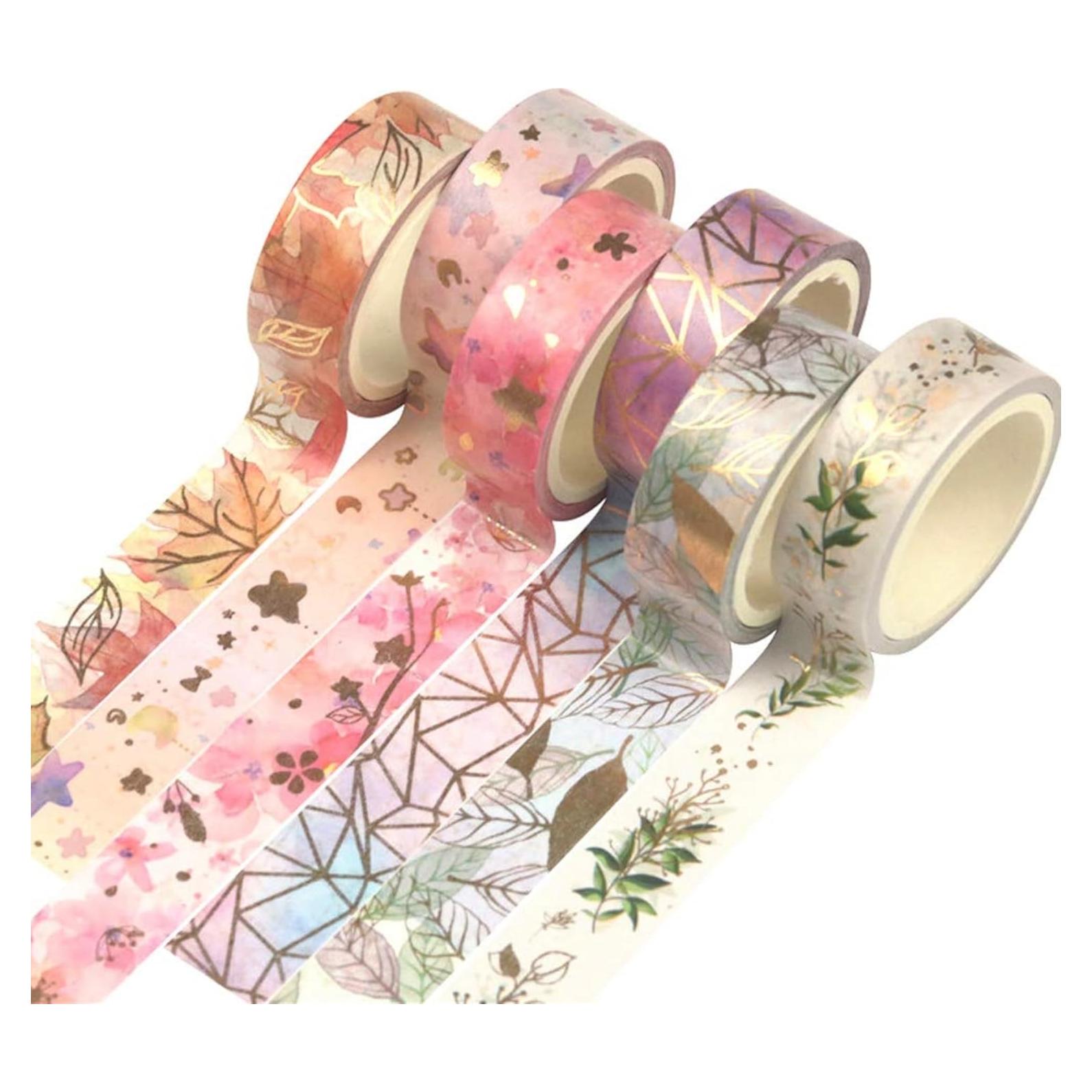 Cinta Washi YUBX Flores 15mm x 5m - 6 Rollos con Foil Dorado