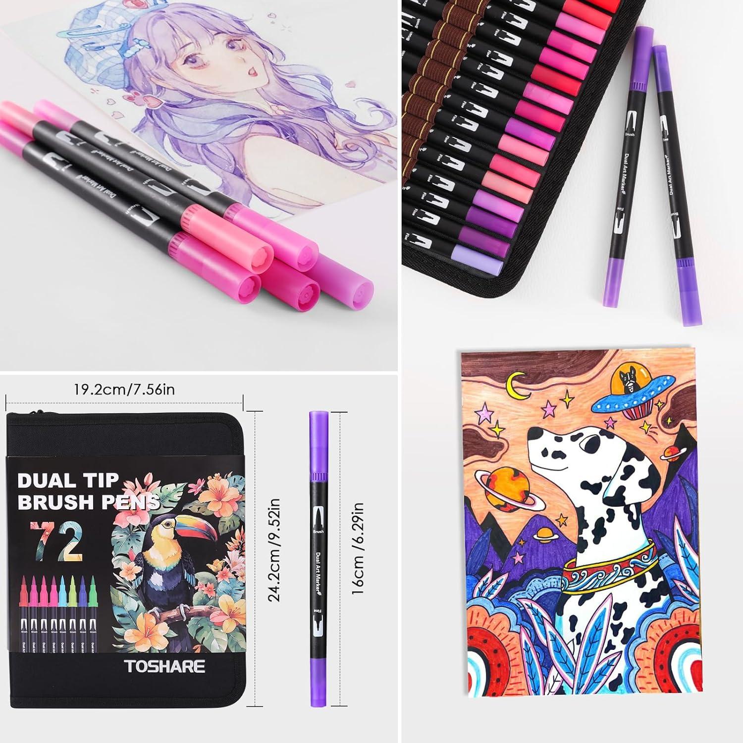 Set de 72 Marcadores Doble Punta TOSHARE - Punta Fina y Pincel