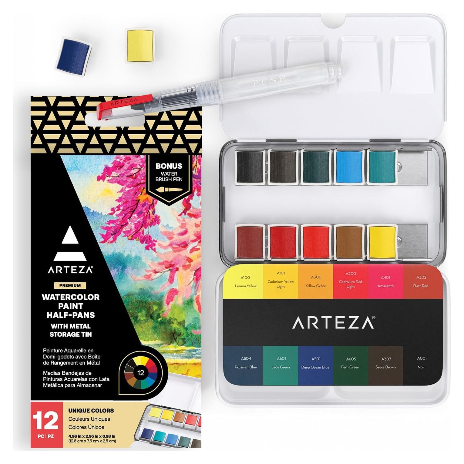 Set de Acuarelas ARTEZA 12 Medias Pastillas en Caja de Metal
