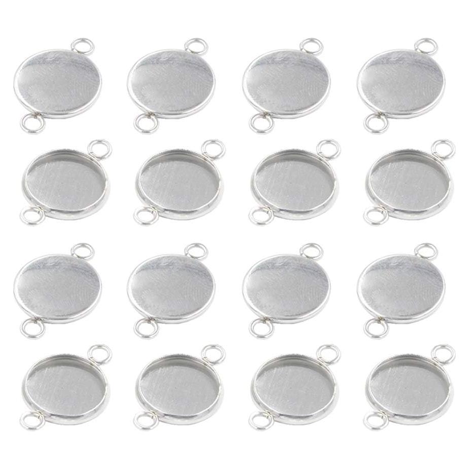 20 Pcs 12mm Stainless Steel Cabochon Setting Tray Connector Round Blank Pendant Trays Base for DIY Jewelry Making Crafting Silver