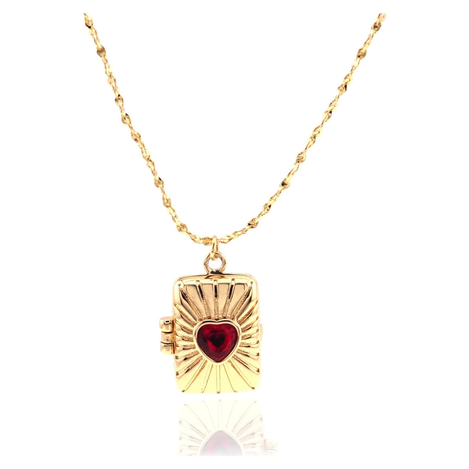 Collar Medallón Corazón Rojo Oro 14k 50 cm para Mujeres