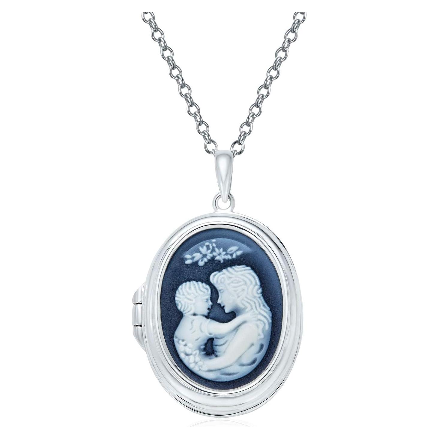 Collar Locket Vintage Madre Amorosa .925 Plata Esterlina Azul