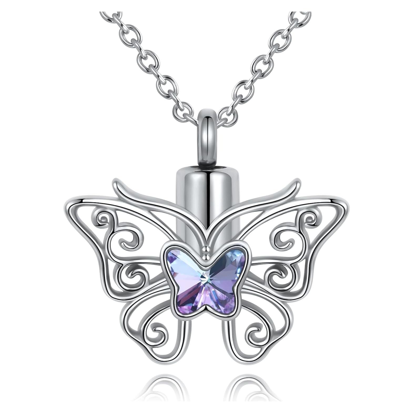 Collar urna de cenizas de mariposa MiWangLing 3.1x2.8cm acero inoxidable