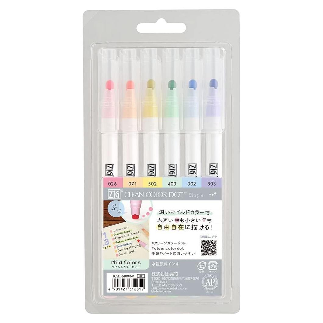 Marcadores Kuretake Zig Clean Color Dot Set 6 Colores Suaves