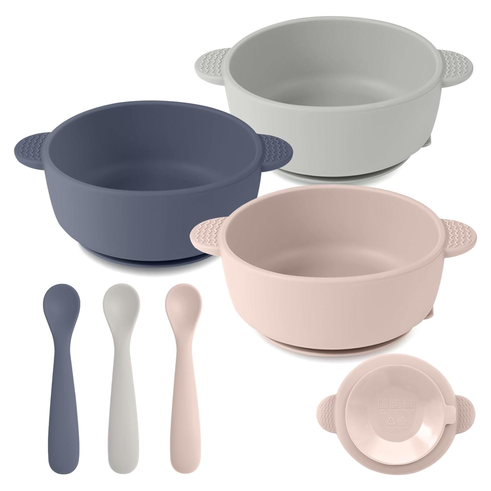 Juego de Alimentación de Silicona Eascrozn 3 Tazones y 3 Cucharas