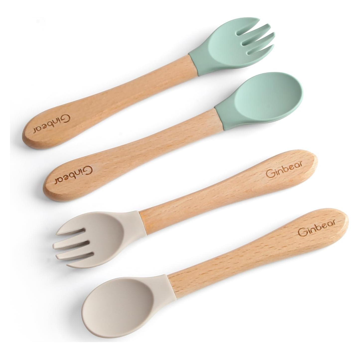 Juego de Cucharas y Tenedores de Silicona Ginbear para Bebés 12-18 Meses
