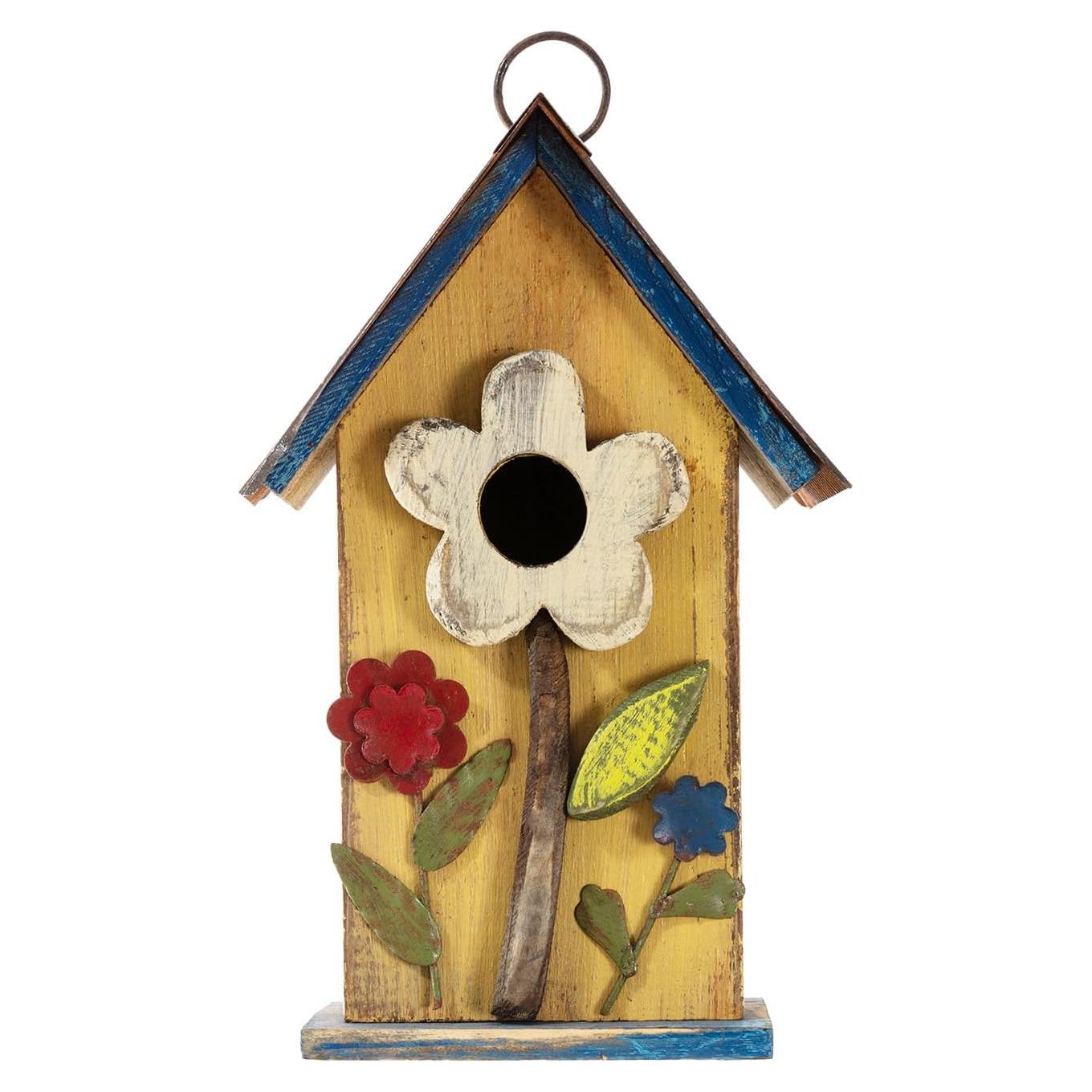 Casa de Pájaros Colgante Glitzhome 26 cm Madera Deteriorada Amarilla