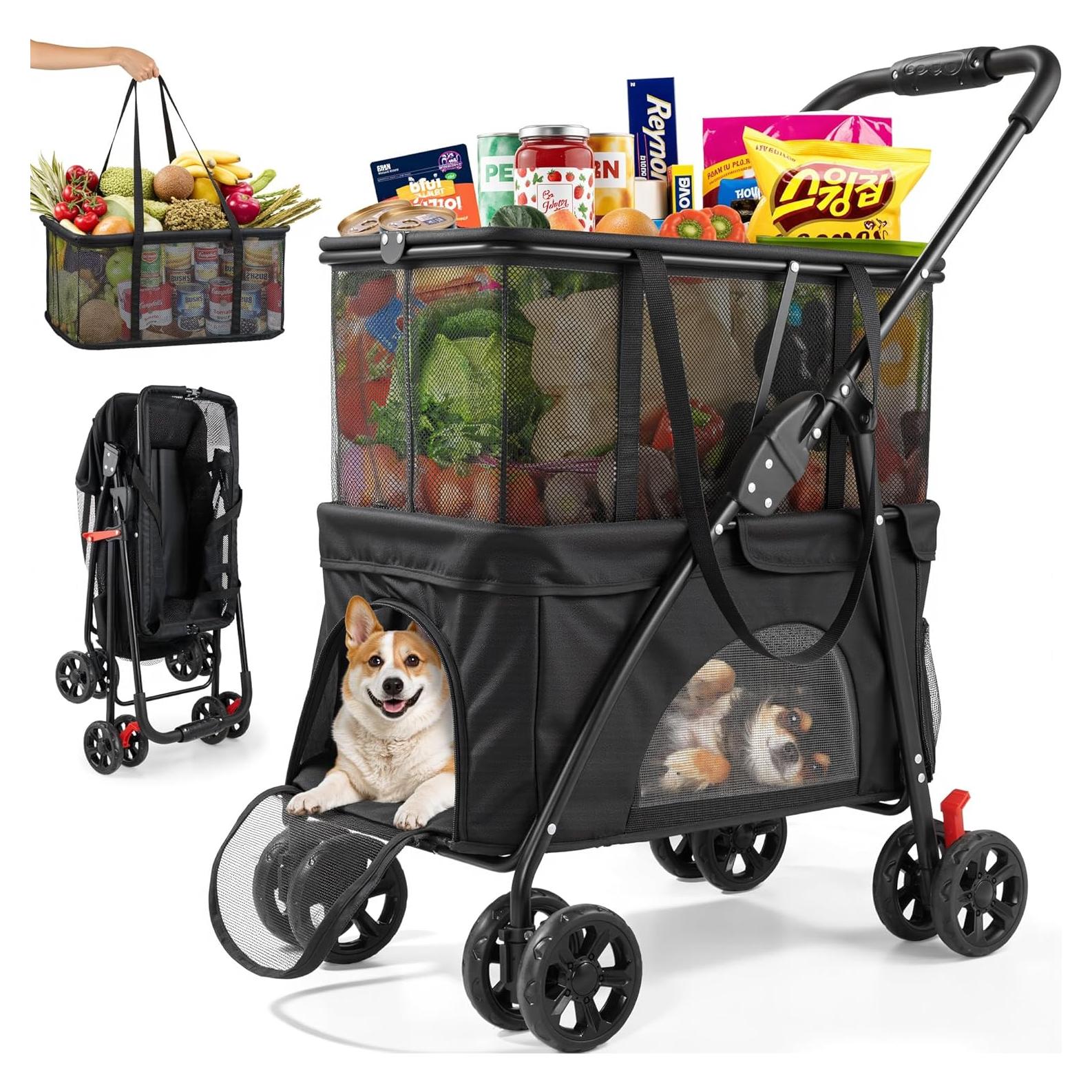 Carrito de Compras Plegable Keoslpy 130L con Cochecito para Mascotas