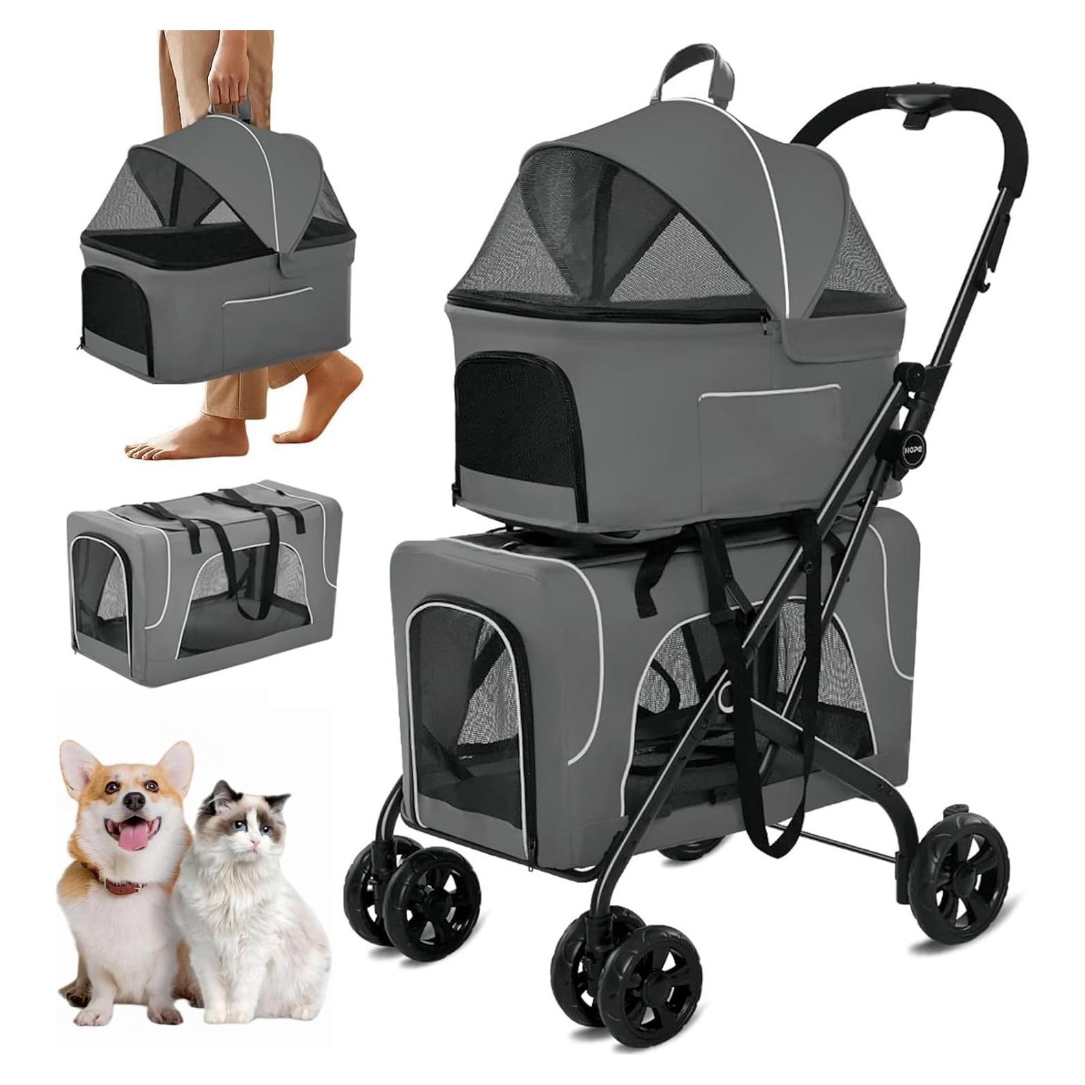 Carrito Doble para Mascotas FunImpact Gris 3 en 1 Plegable